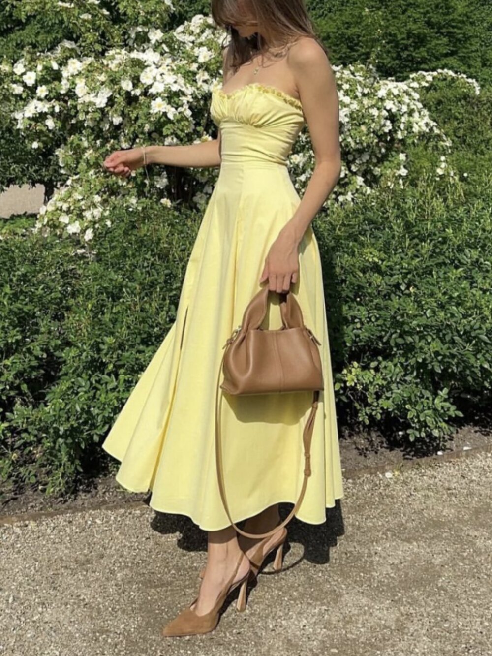 House Of CB Clarabelle Yellow Midi Dress Strapless Cotton Ruffle Slit Size XL